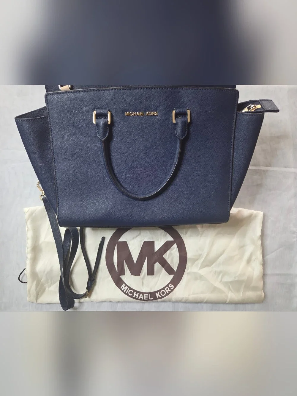Michael Kors Navy Saffiano Satchel with Gold Hardware